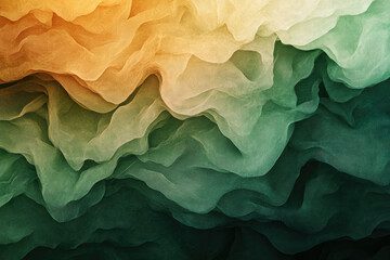 Poster - Abstract image of flowing, translucent fabric in shades of green and gold, creating a dreamy, ethereal effect.
