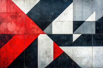 Aufkleber - Abstract geometric mural on concrete wall with red, black, and white triangles.