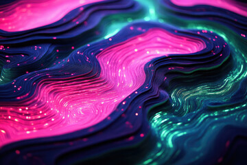 Aufkleber - Abstract layered digital artwork with vibrant pink and teal glowing lines creating a wavy, undulating texture.