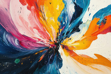 Poster - Vibrant abstract painting with swirling colors radiating from a central point, showcasing dynamic brushstrokes and a sense of explosive energy.