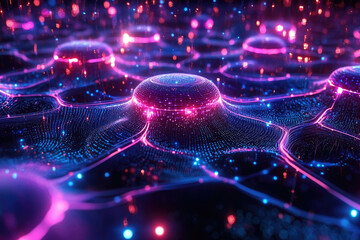 Poster - Abstract digital neural network, glowing nodes and connections, vibrant pink and blue hues.