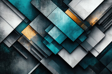 Poster - Abstract geometric pattern with teal, gray, and gold squares, creating a modern and textured design.