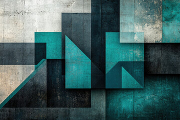 Poster - Abstract geometric art featuring teal and gray shapes on a textured concrete background.