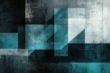 Aufkleber - Abstract geometric art with teal and grey hues, textured grunge background, overlapping shapes.
