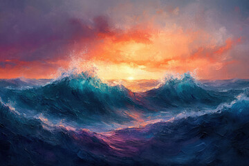 Poster - Dramatic ocean waves crashing during a vibrant sunset, painted with impasto texture.
