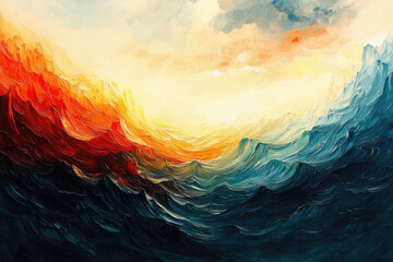 Poster - Abstract impasto painting depicting fiery orange and cool teal waves merging under a pale sky.