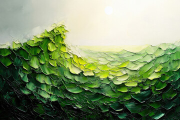 Poster - Impasto painting of green waves under a pale sky, evoking serenity and the power of nature.