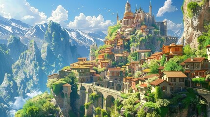 Wall Mural - A breathtaking fantasy landscape showcasing a vibrant city perched on a mountain, surrounded by lush greenery and majestic peaks