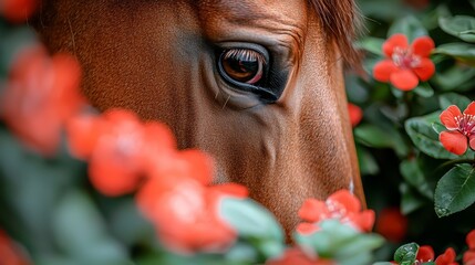 Wall Mural - A brown horse with red flowers in the background