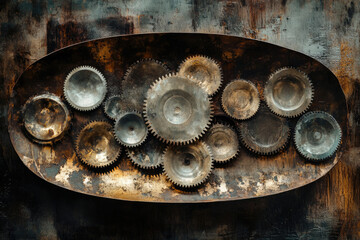 Aufkleber - A rustic arrangement of metallic gears on a weathered tray, showcasing industrial design.