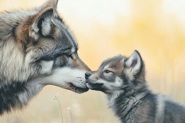 Sticker - A wolf and a puppy are kissing in a field