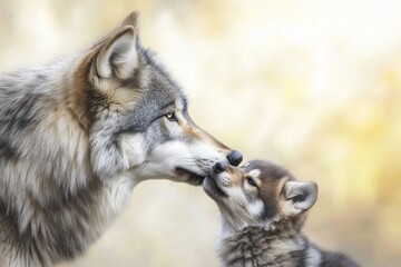 Wall Mural - A wolf and a baby wolf are looking at each other