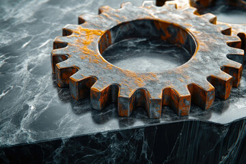 Aufkleber - Rusty metallic gears on dark marble; industrial, mechanical, aged, textured.