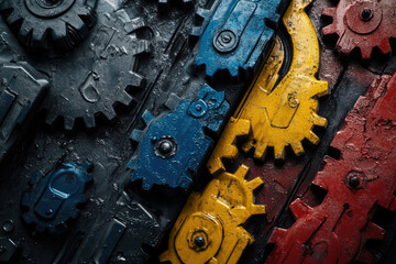 Aufkleber - A close-up shot of intricately arranged, colorful gears, showcasing industrial design and mechanical complexity.