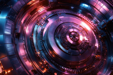 Aufkleber - A mesmerizing close-up of intricate metallic gears, glowing with vibrant purple and orange hues.