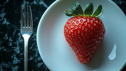 Wall Mural - A strawberry on a plate with a fork on a table