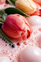 Poster - A bunch of pink and yellow tulips with water droplets on them