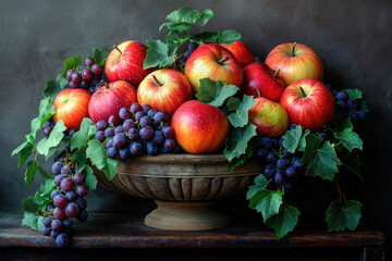 Poster - A rustic still life featuring a wooden bowl overflowing with ripe red apples and bunches of dark purple grapes.