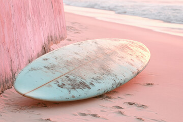 Wall Mural - A weathered teal surfboard rests on a pink sand beach near a pink wall at sunset.