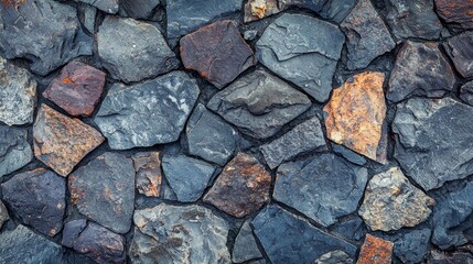 Aufkleber - Varied shades of grey and hints of orange create an intricate pattern in an ancient stone wall, showcasing nature's artistry in a weathered yet timeless structure