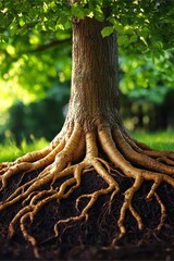 Wall Mural - A large tree with its roots exposed in the grass