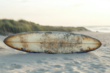 Wall Mural - Rusty vintage surfboard rests on a sandy beach, showcasing the beauty of weathered surf culture.