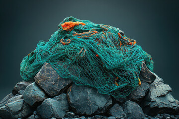 Wall Mural - A pile of teal fishing nets rests on dark rocks, showcasing textures and colors.