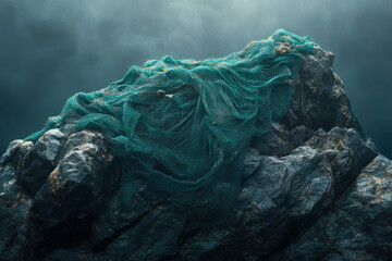 Poster - A teal fishing net drapes dramatically over a dark, rugged rock formation against a moody sky.