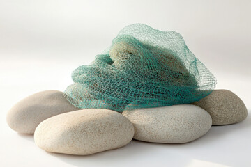 Poster - A teal net draped over smooth, light-colored stones, creating a serene, minimalist scene.