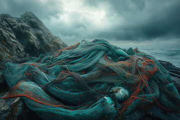 a pile of discarded fishing nets on a rocky shore under a stormy sky, depicting marine pollution.