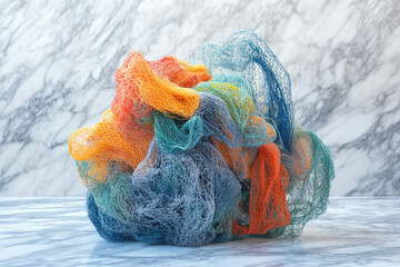 Aufkleber - A colorful pile of netting, possibly fishing nets, rests on a marble surface.