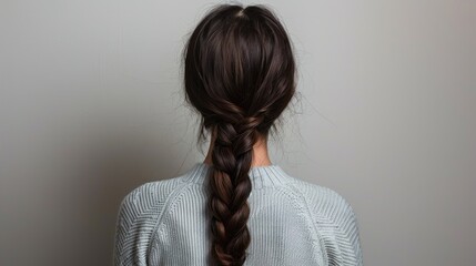 Sticker - A young woman with long braided hair, facing away against a neutral background, showcasing hairstyle details