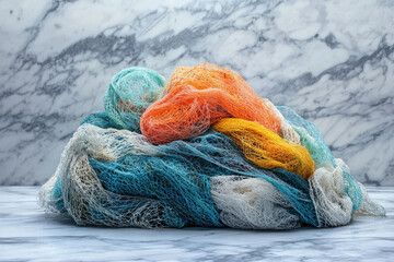 Wall Mural - A pile of colorful fishing nets, textured and tangled, rests on a marble surface.