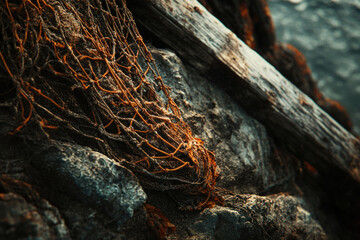 Aufkleber - Rusty fishing net rests on weathered rocks and wood, evoking a sense of age and the sea.