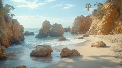 Sticker - A sandy beach with rocks and a palm tree in the distance