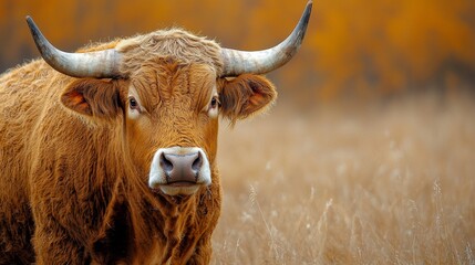 Sticker - A brown cow with long horns standing in a field