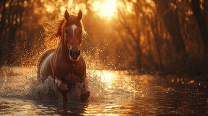 Sticker - A horse running through a body of water at sunset