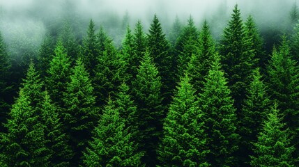 Wall Mural - A forest filled with lots of green trees covered in fog