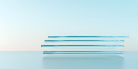 Aufkleber - Minimalist arrangement of transparent shelves against a gradient backdrop. Clean, modern design with a serene aesthetic, ideal for showcasing products or concepts.