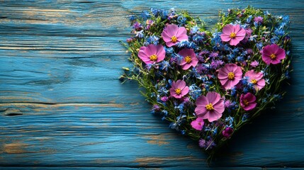 Poster - A heart shaped arrangement of flowers on a blue wooden surface