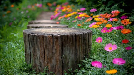 Poster - A wooden bench sitting in the middle of a lush green field of flowers