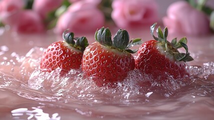 Wall Mural - Three ripe strawberries in a bowl of water with pink roses in the background