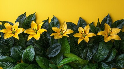 Poster - A bunch of yellow flowers and green leaves on a yellow background