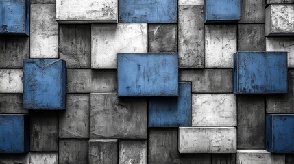 Wall Mural - A wall of blue and gray cubes on a concrete wall