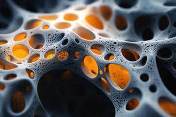 Poster - Abstract 3D rendering of a porous, interconnected structure with glowing orange inner cavities.