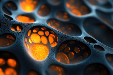 Poster - Abstract 3D render of a porous, dark grey structure with glowing orange inner cavities, resembling a complex network or cellular structure.