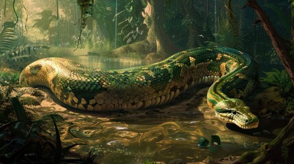 Wall Mural - A large, vibrant snake rests in a lush jungle setting, surrounded by rich greenery and a tranquil water pool