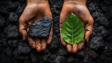 Wall Mural - Hands holding coal and leaf on dark soil; energy choice