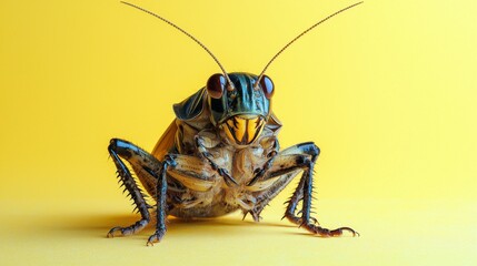 Wall Mural - A close up of a grasshopper on a yellow background