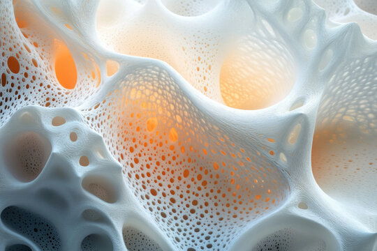 Abstract 3D rendering of a porous, organic structure with a textured surface and glowing orange inner cavities.